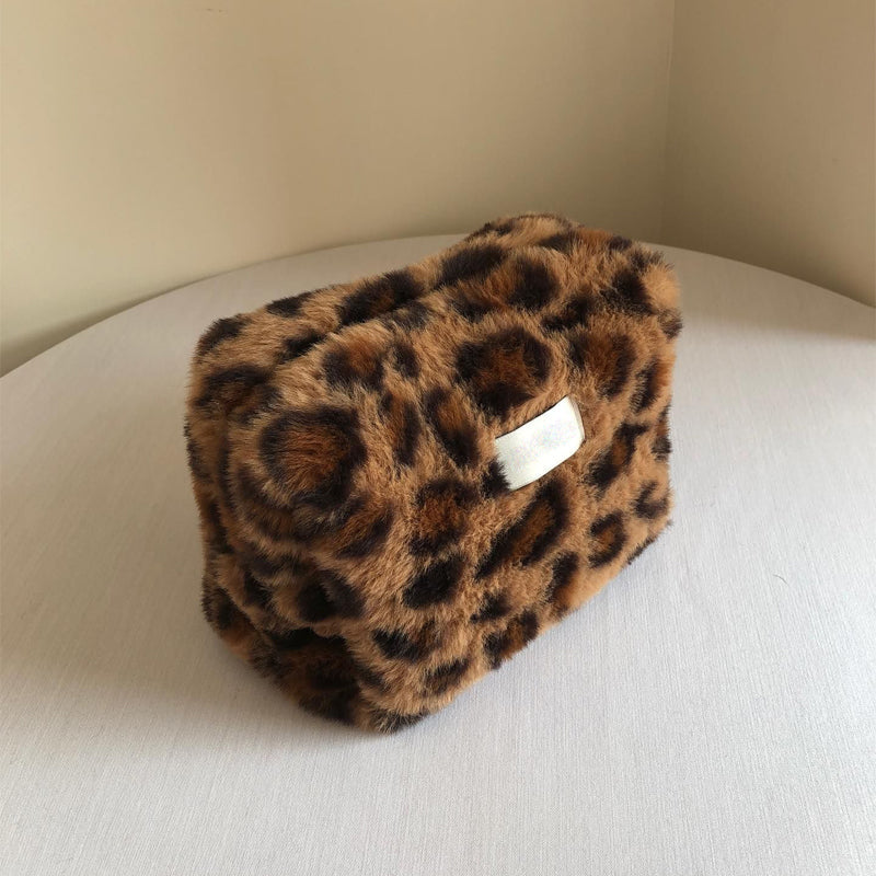 Plush Leopard Print Pencil Case Cosmetic Bag Travel Large Capacity Storage Bag