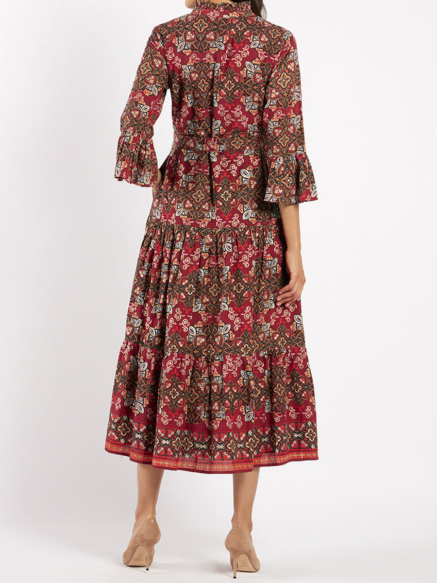 Printed Flared Sleeve Belted Dress