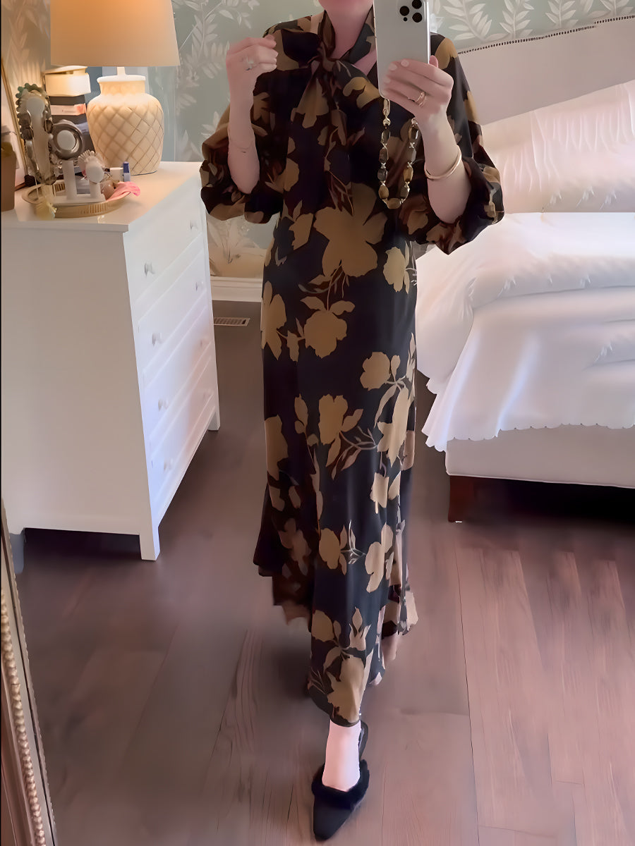 Printed Slit Hem Tie Neck Maxi Dress