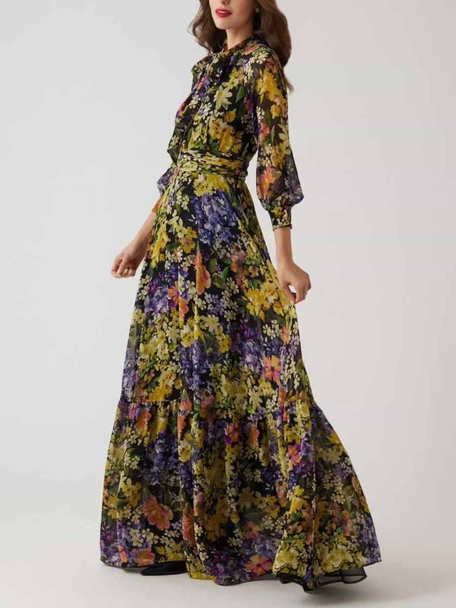Chiffon Floral Print Tie Neck Gown