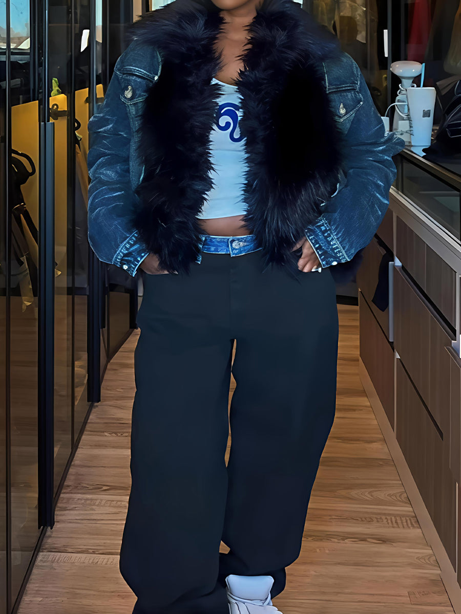 Faux Fur Cinched Denim Jacket