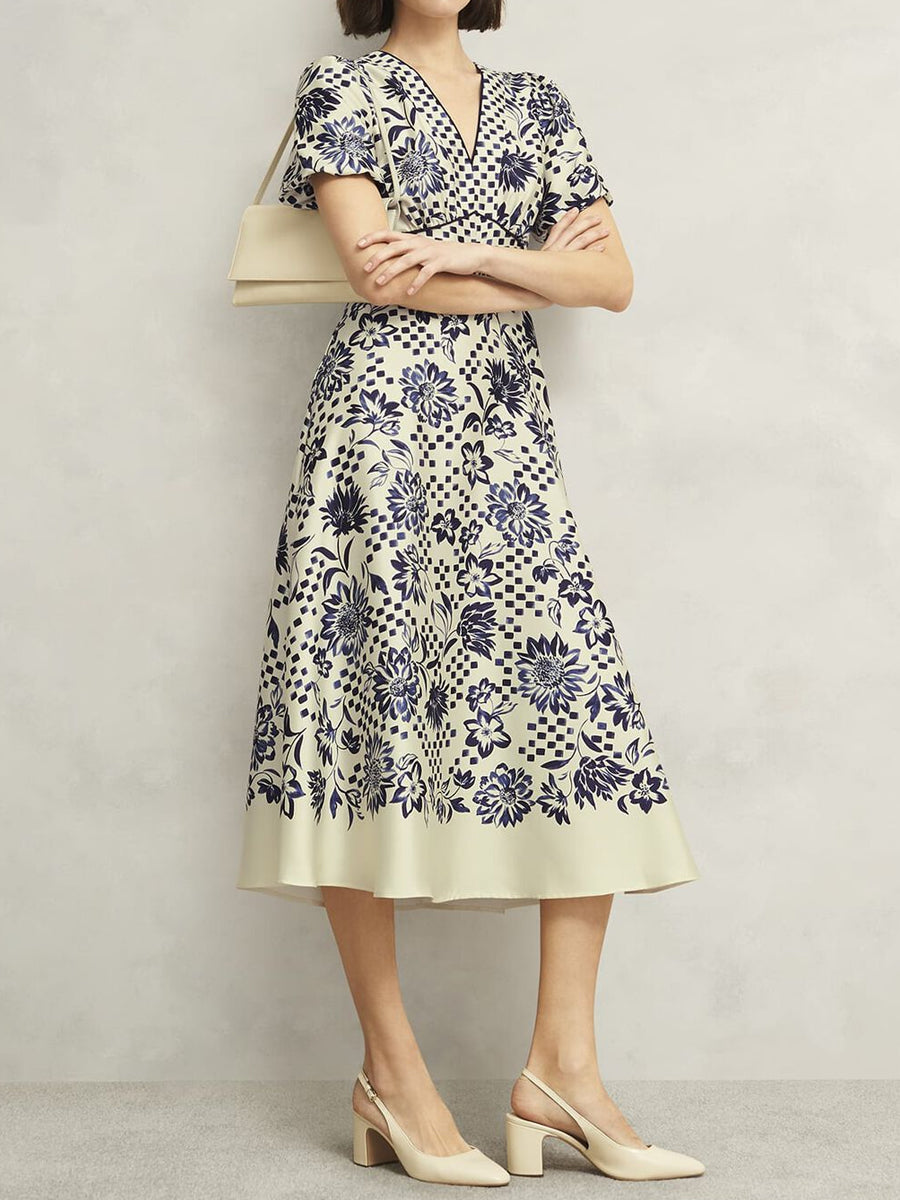 Printed V Neck Short Sleeve Dress