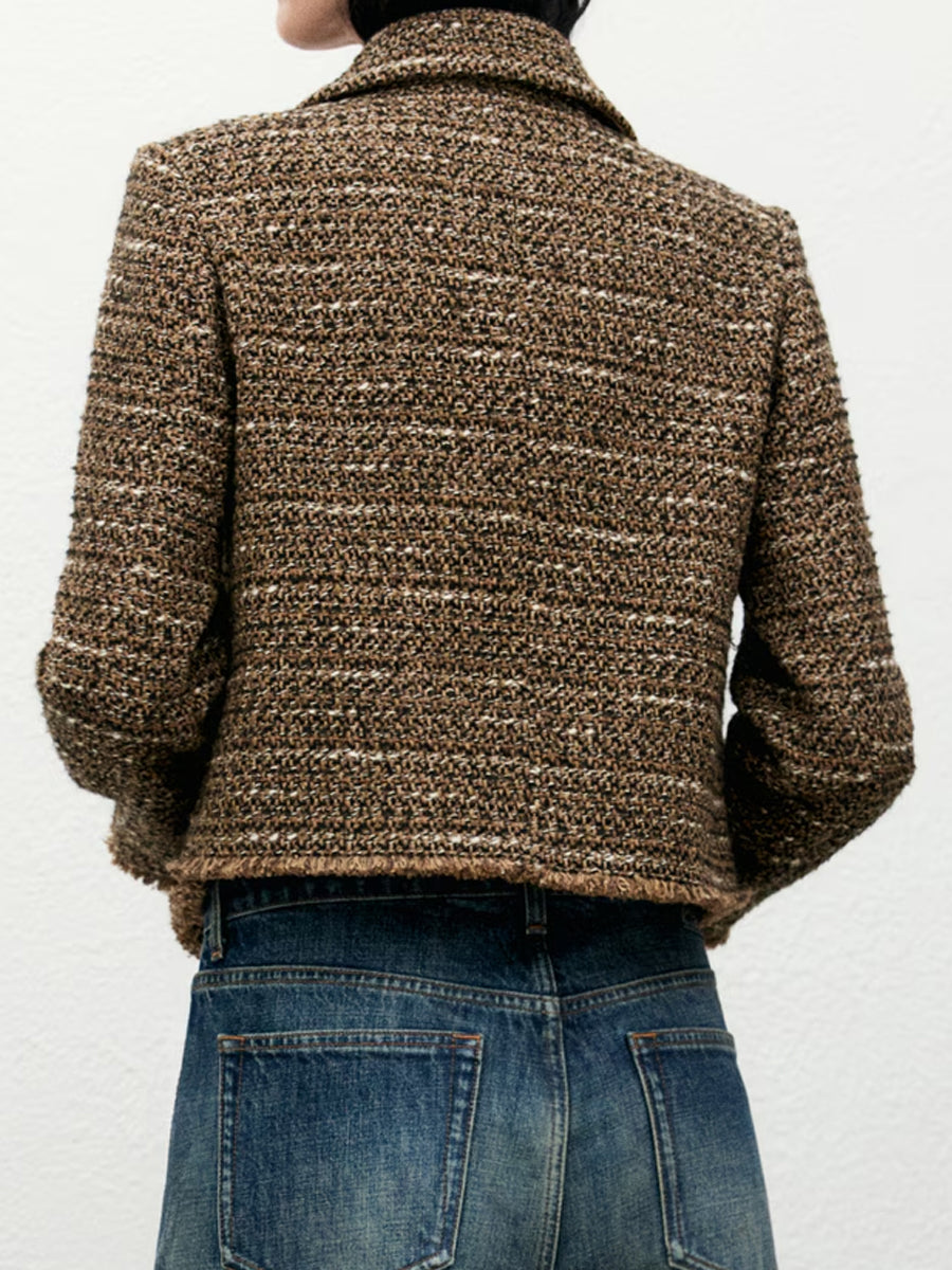 Detachable Fur Effect Collar Tweed Jacket