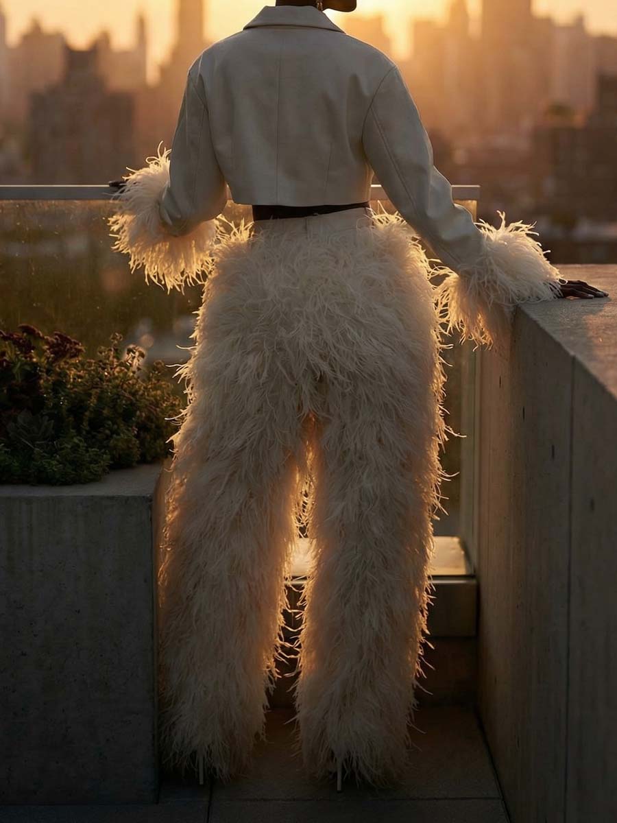 Feather Decoration Fashion Cropped Blazer & Pants
