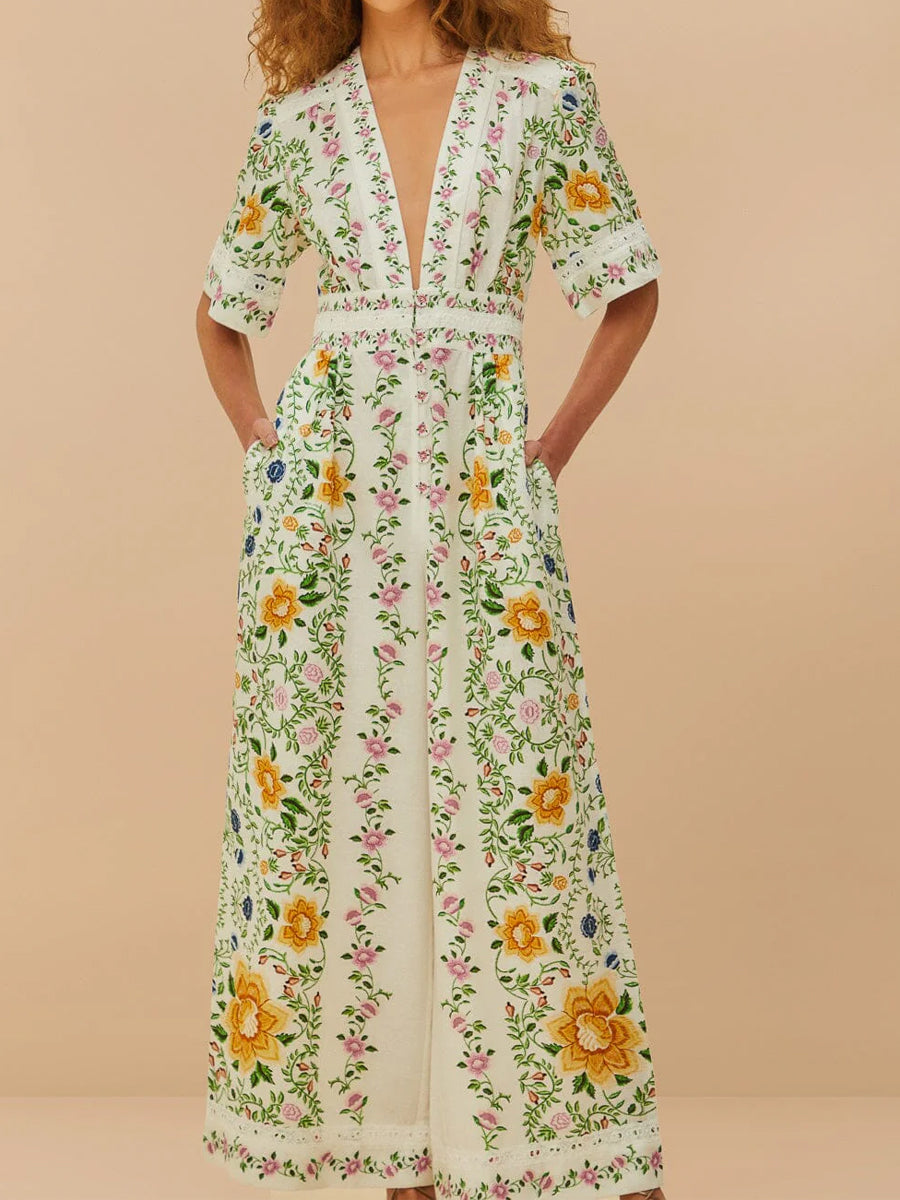 Deep V Neck Floral Print Jumpsuit