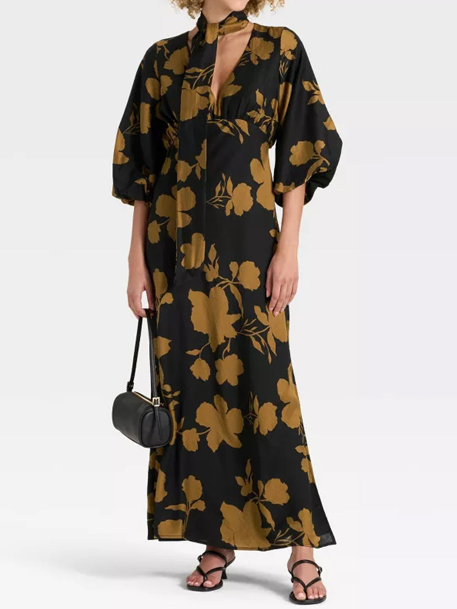 Printed Slit Hem Tie Neck Maxi Dress