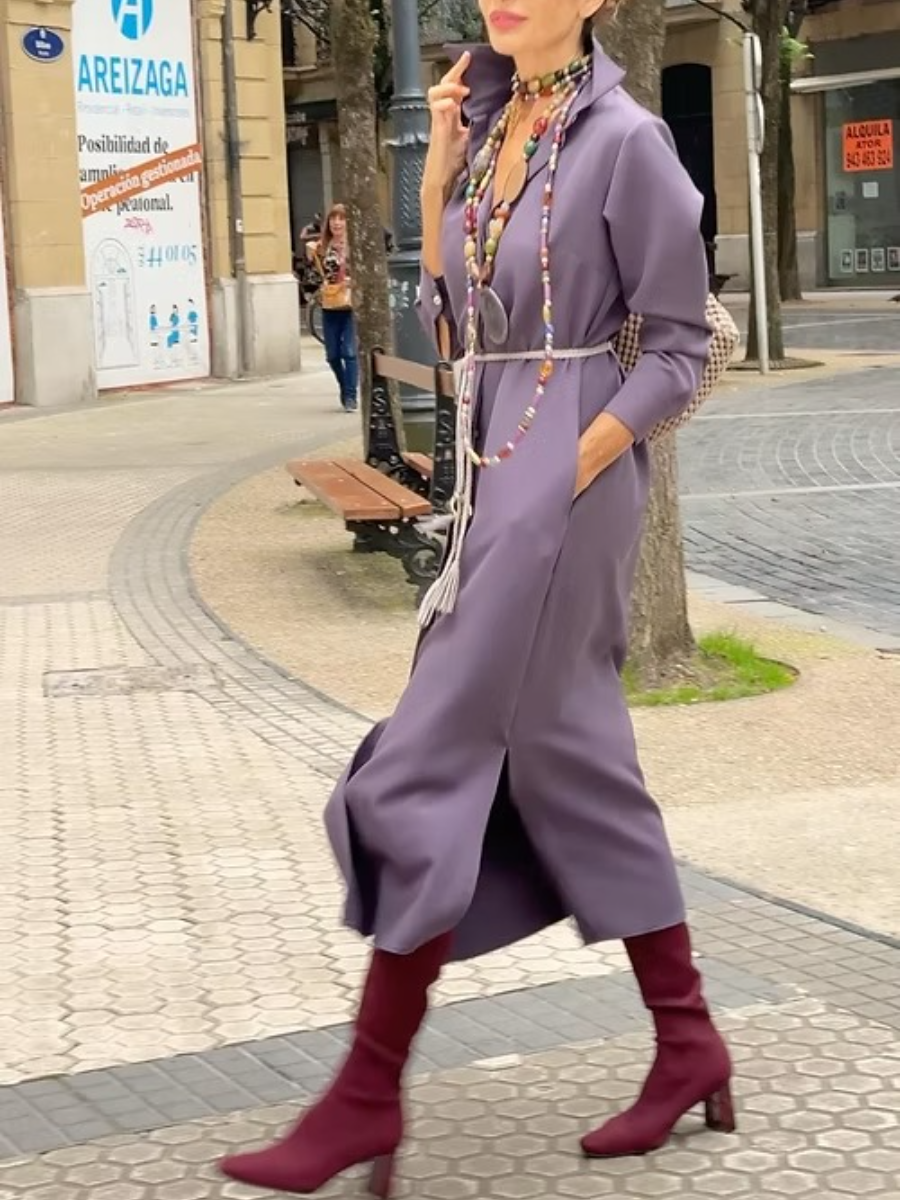 Collar Neck Long Sleeves Shirt Dress With Side Pockets