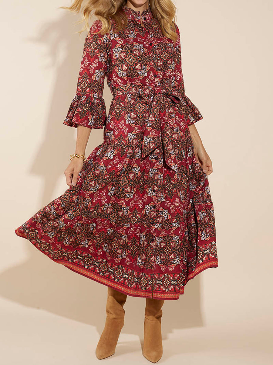Printed Flared Sleeve Belted Dress