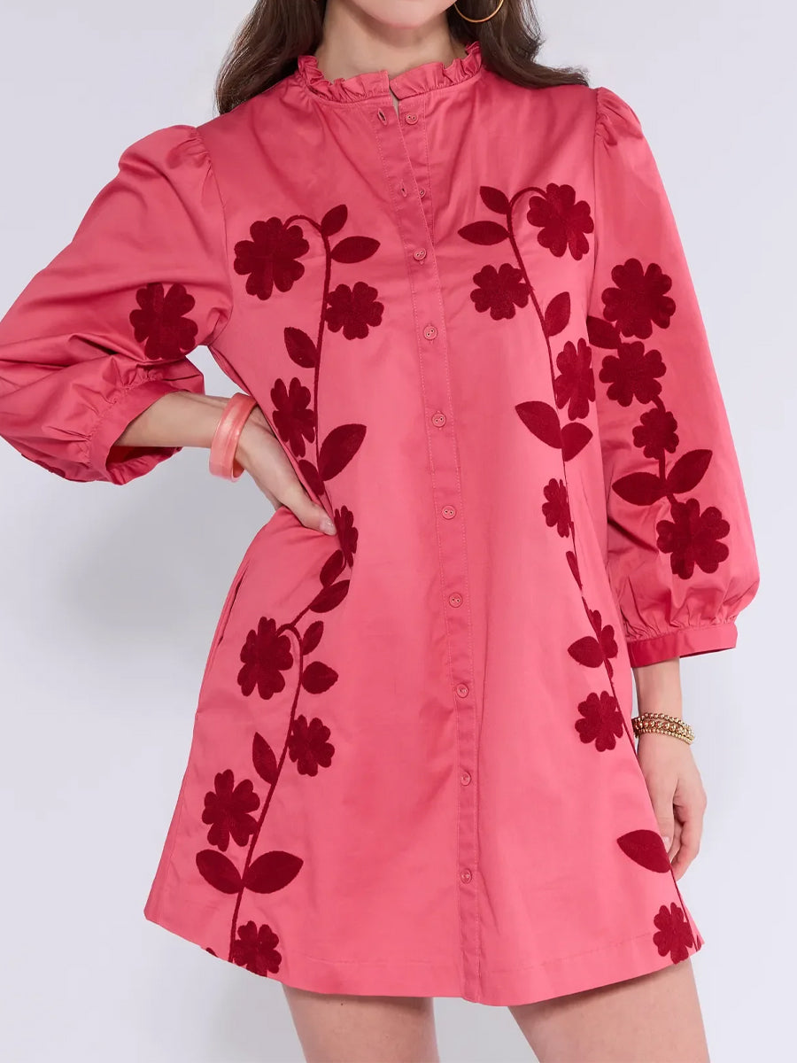 Floral Embroidery Band Collar Ruffle Trim Dress