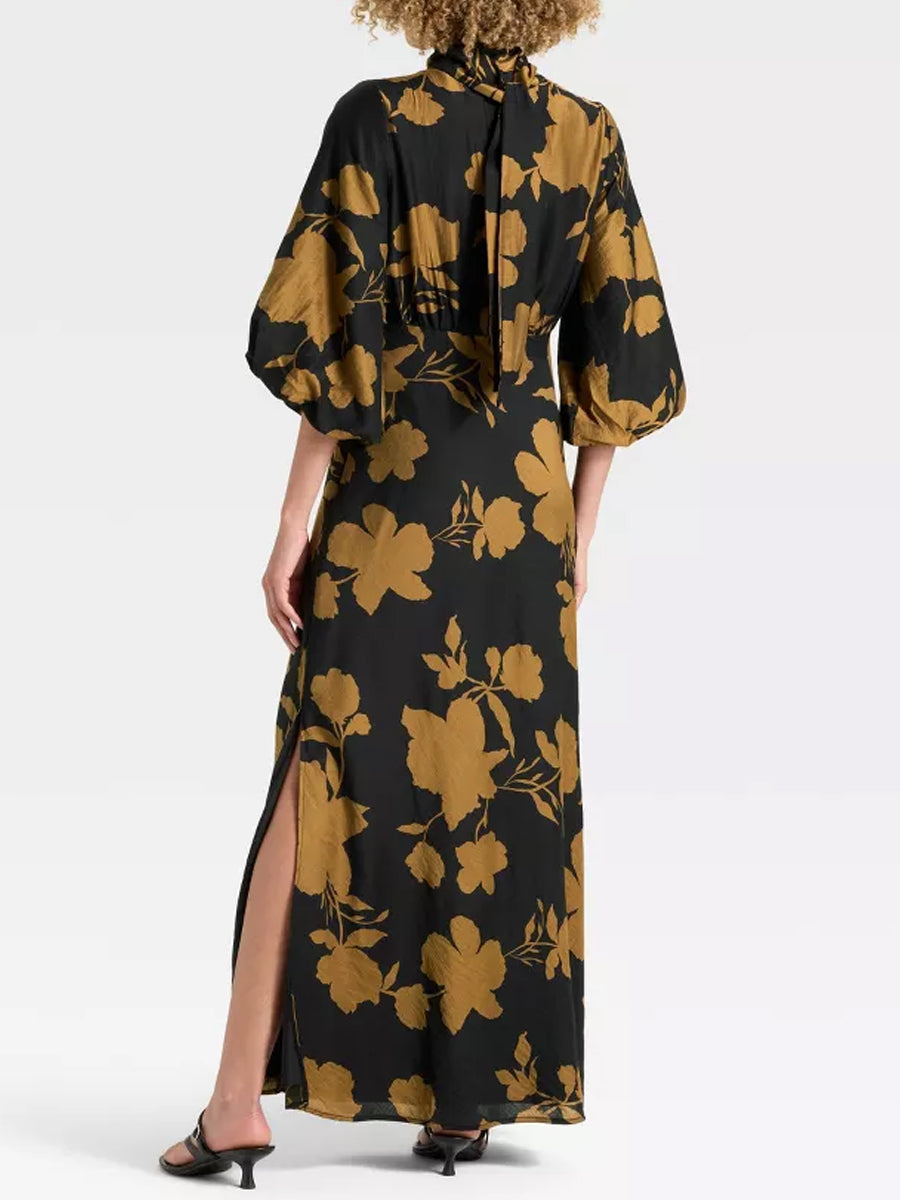 Printed Slit Hem Tie Neck Maxi Dress