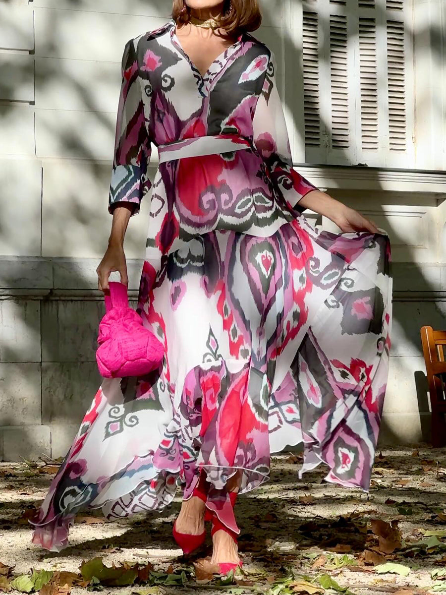 Printed V Neck Long Sleeve Dress