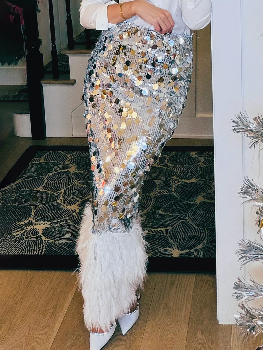 Faux Fur Hem Sequined Midi Skirt
