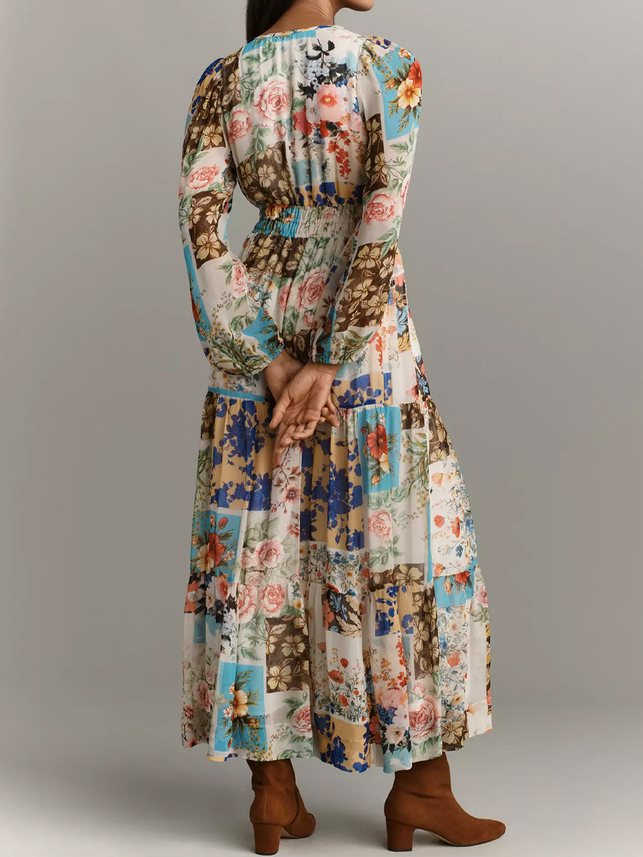 Printed V-neck Smocked Waist Maxi Dress