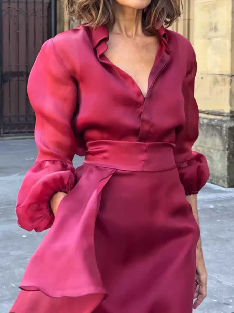 Elegant Puff Sleeve Two Pieces Dress