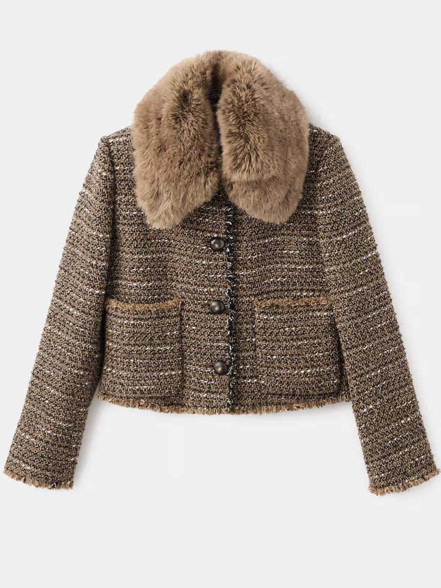 Detachable Fur Effect Collar Tweed Jacket