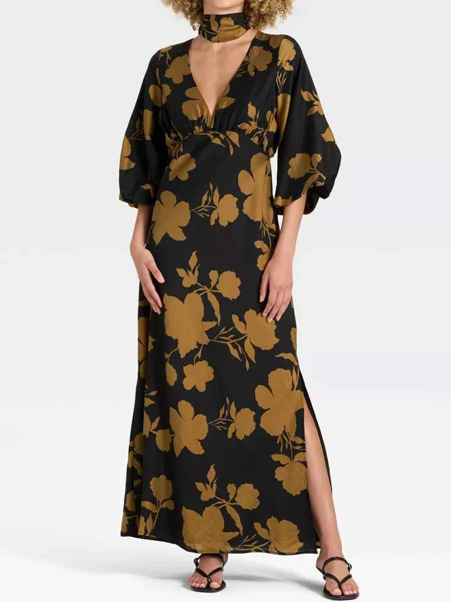 Printed Slit Hem Tie Neck Maxi Dress