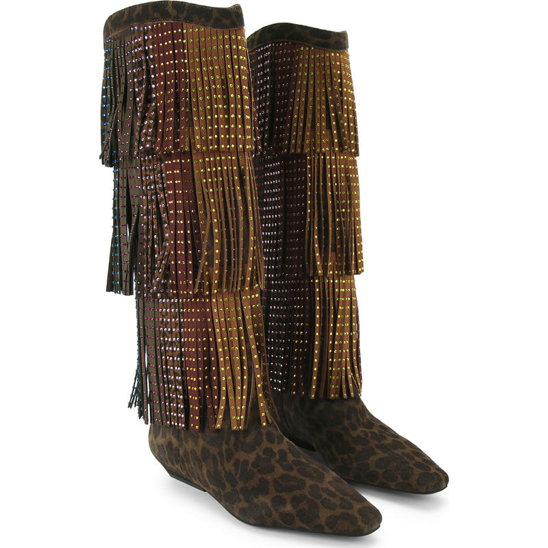 Fashion Crystal Embellished Fringe Western Boots