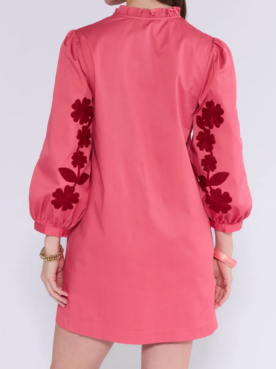 Floral Embroidery Band Collar Ruffle Trim Dress