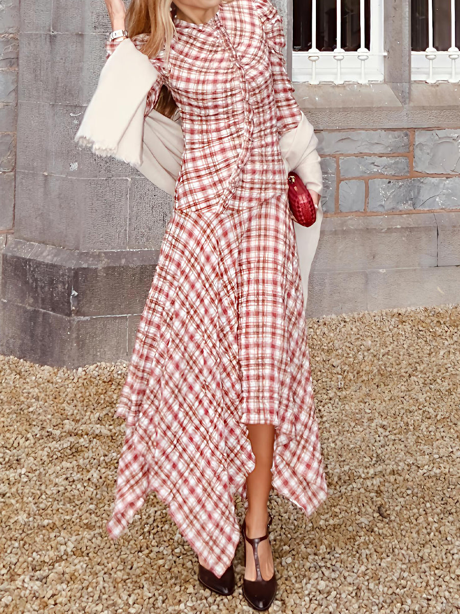 Plaid Print Irregular Hem Maxi Dress