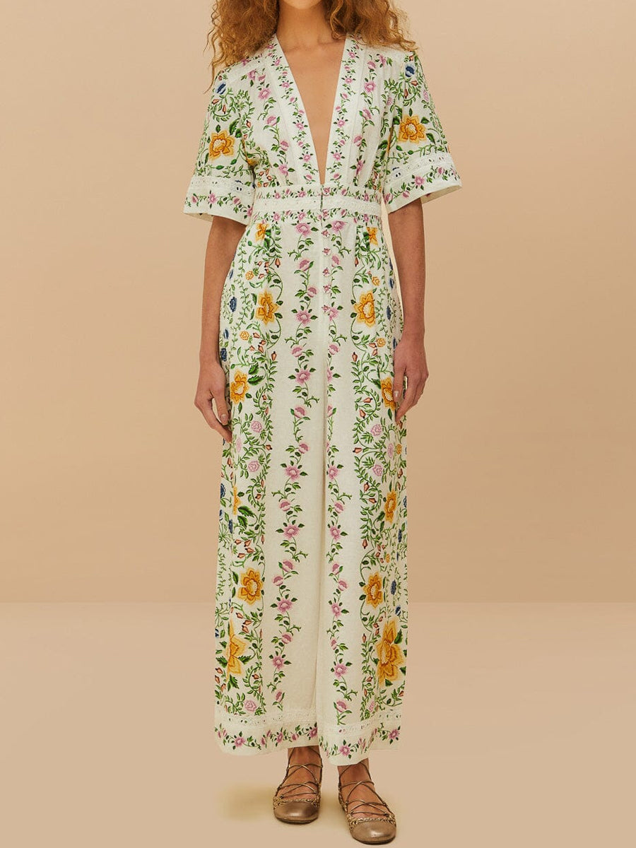 Deep V Neck Floral Print Jumpsuit