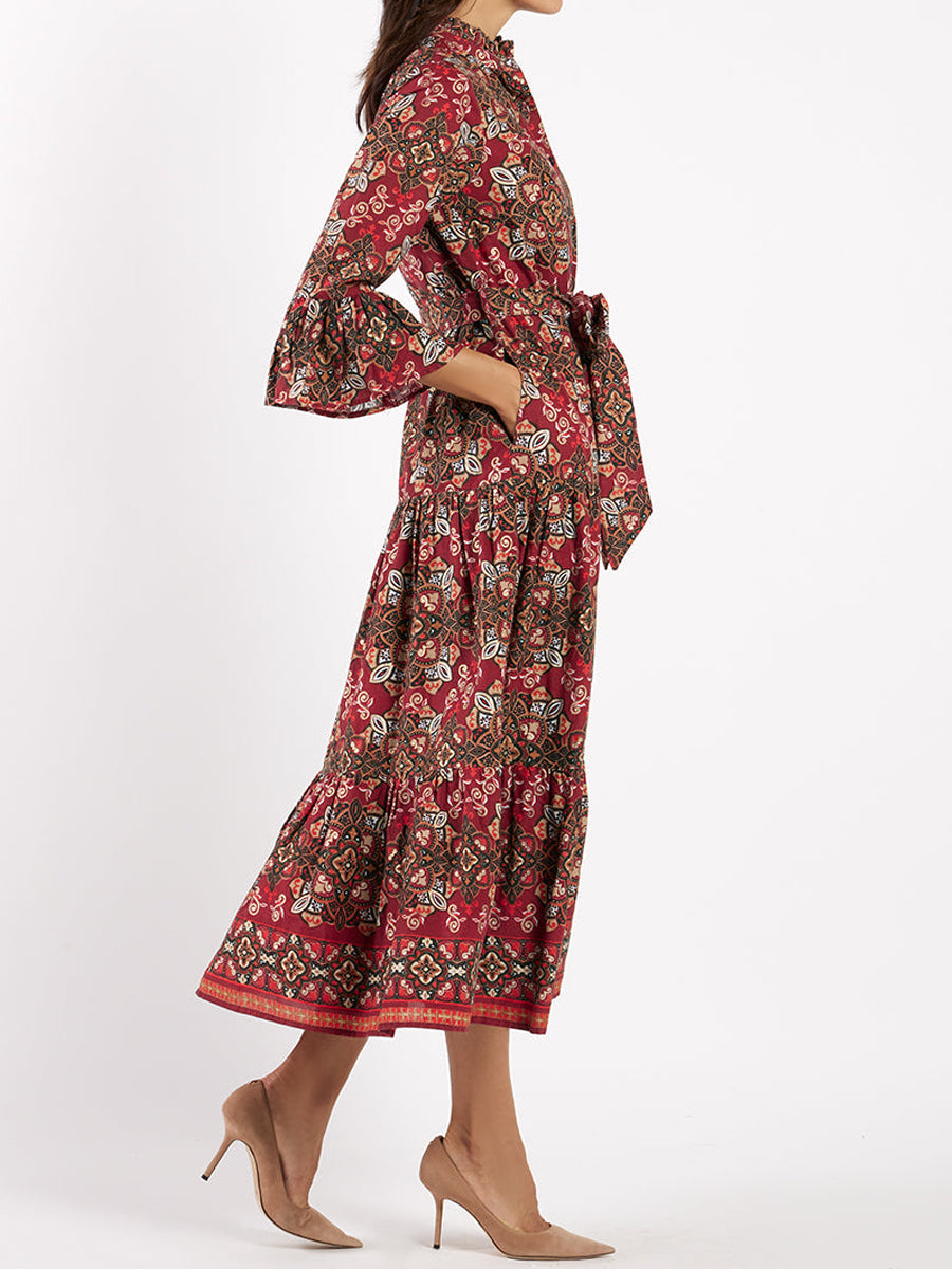Printed Flared Sleeve Belted Dress