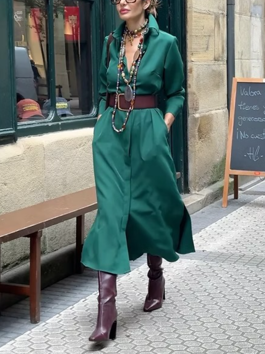 Collar Neck Long Sleeves Shirt Dress With Side Pockets