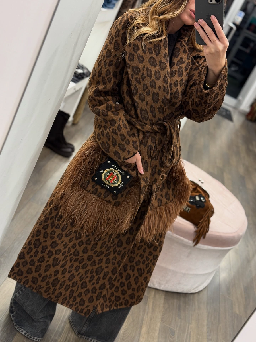 Leopard-Print Wool Fringed Coat