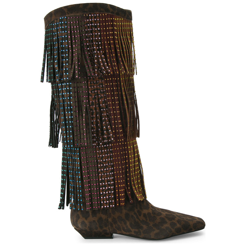 Fashion Crystal Embellished Fringe Western Boots