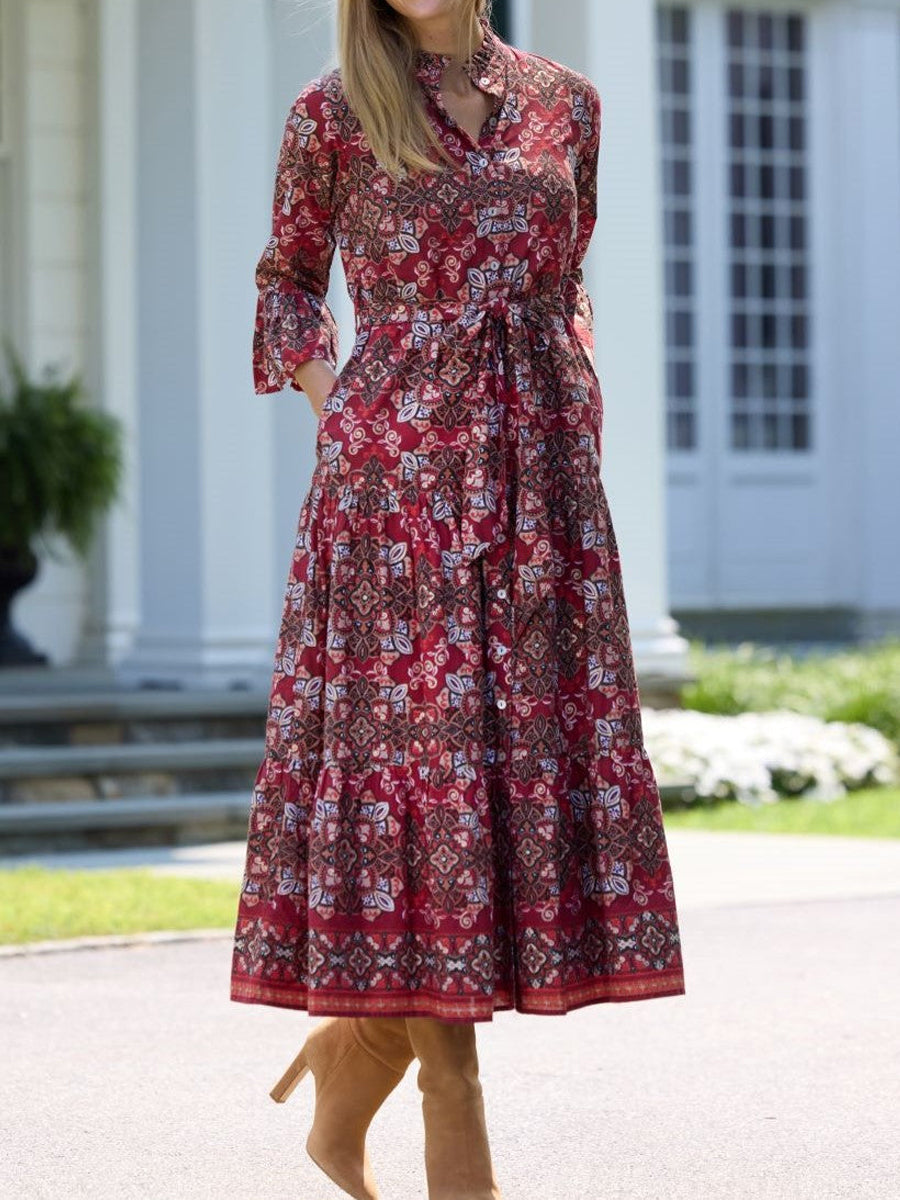 Printed Flared Sleeve Belted Dress