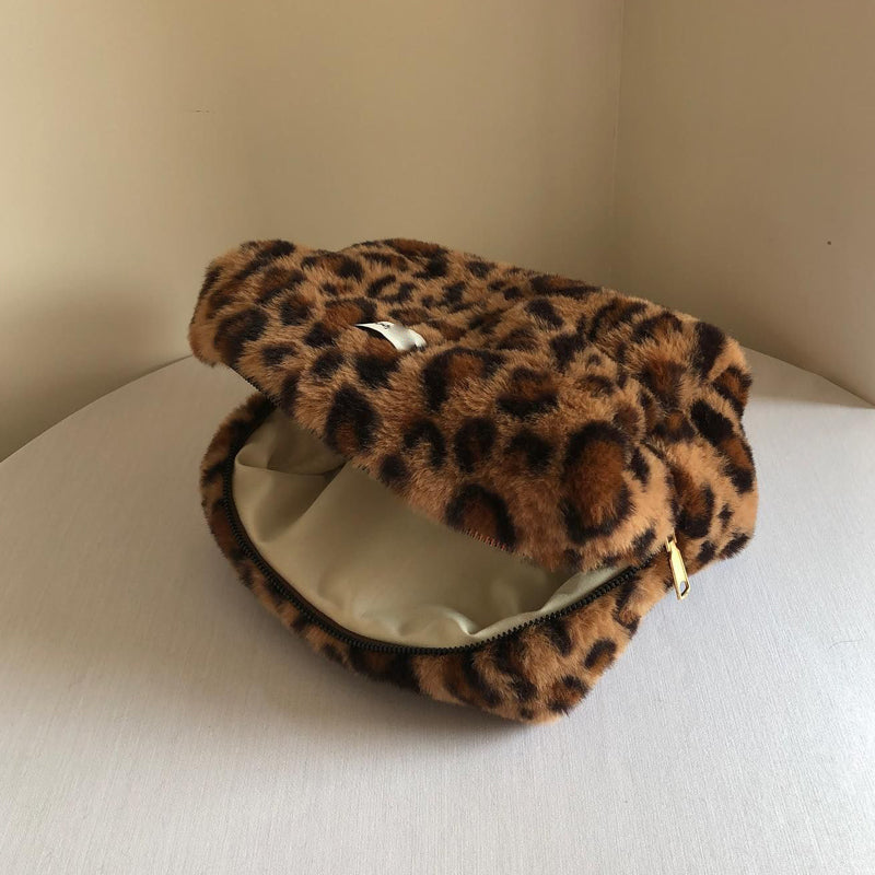 Plush Leopard Print Pencil Case Cosmetic Bag Travel Large Capacity Storage Bag