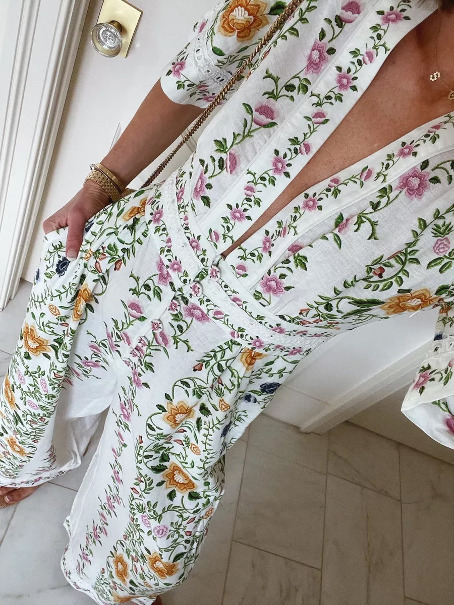 Deep V Neck Floral Print Jumpsuit