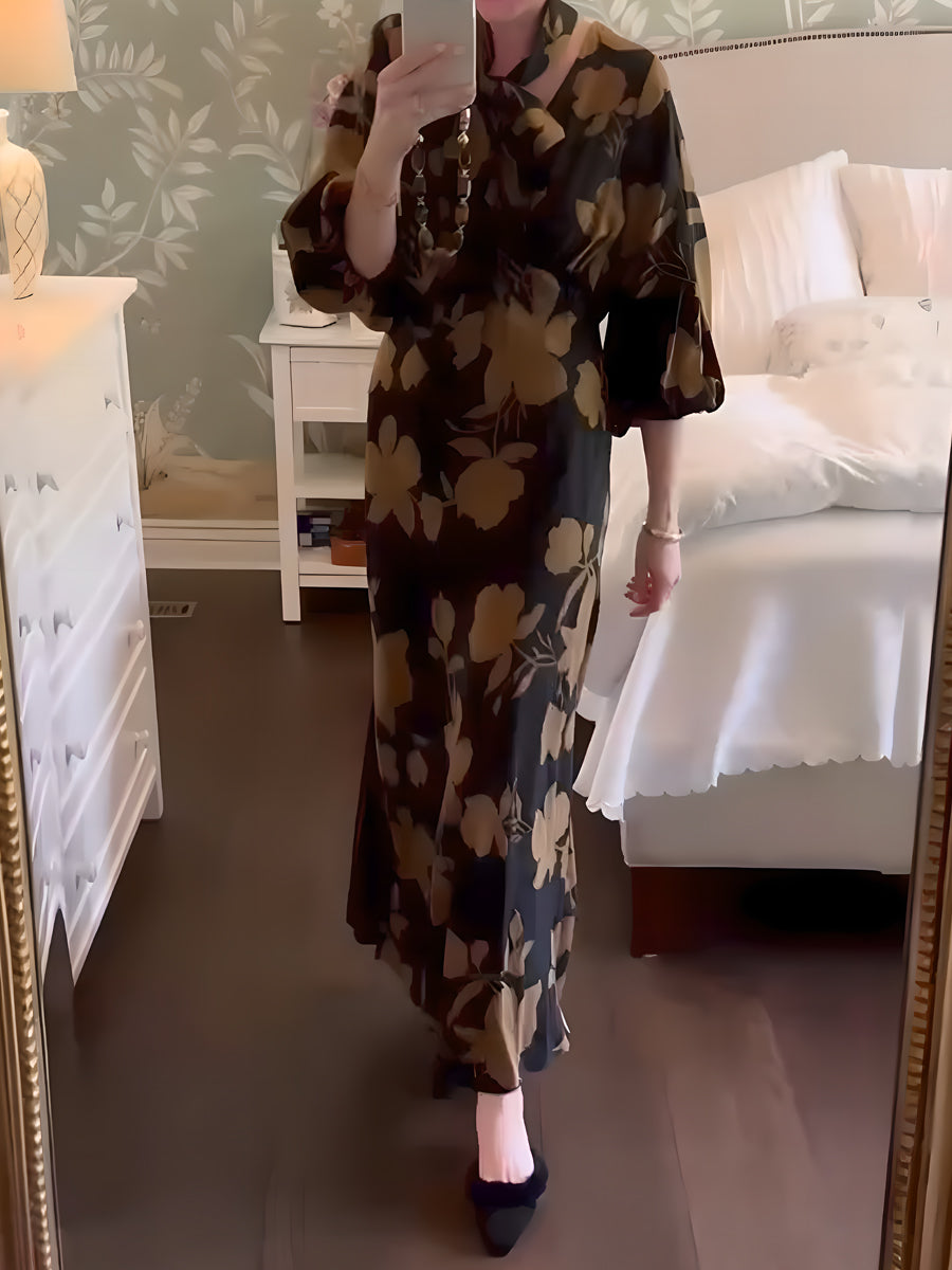 Printed Slit Hem Tie Neck Maxi Dress