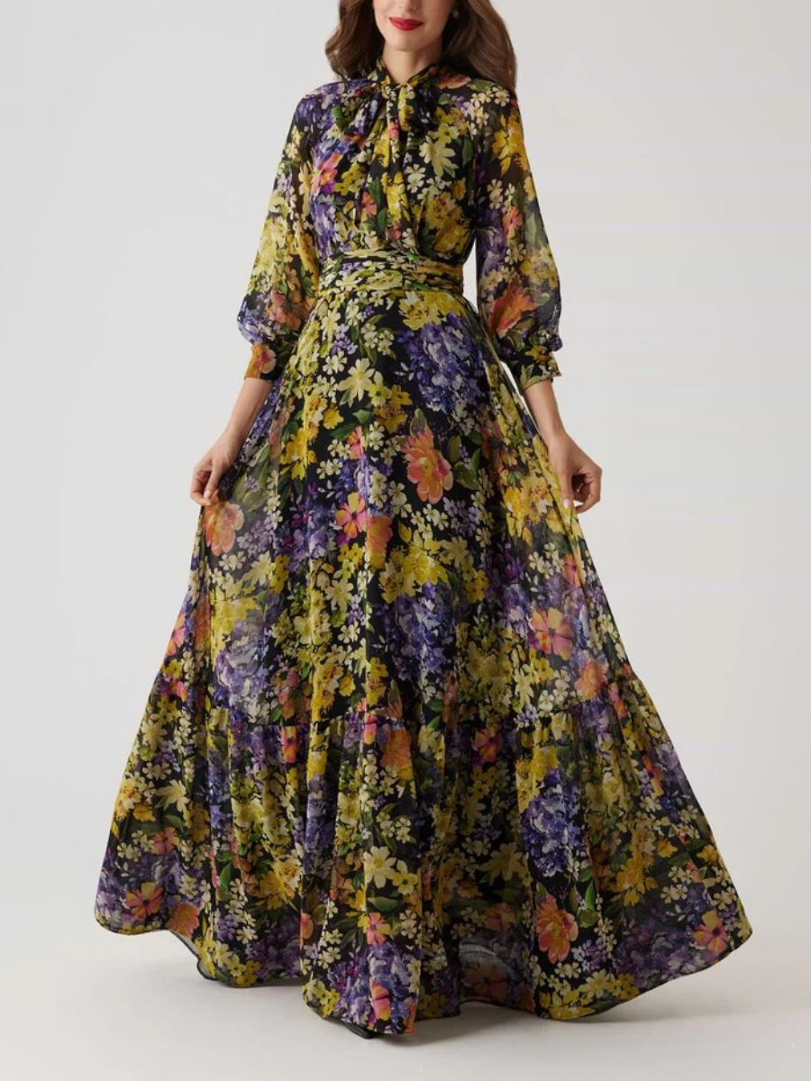 Chiffon Floral Print Tie Neck Gown