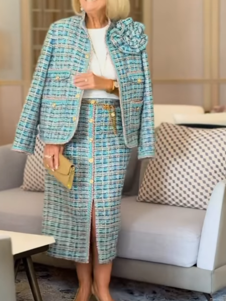 Blue Tweed Fabric Skirt Set