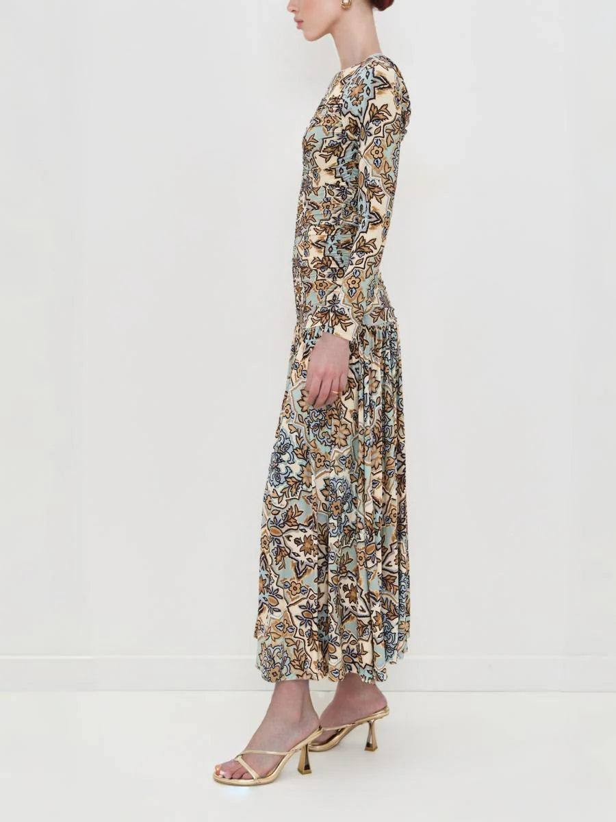 Blue Winter Tapestry Long Sleeve Maxi Dress