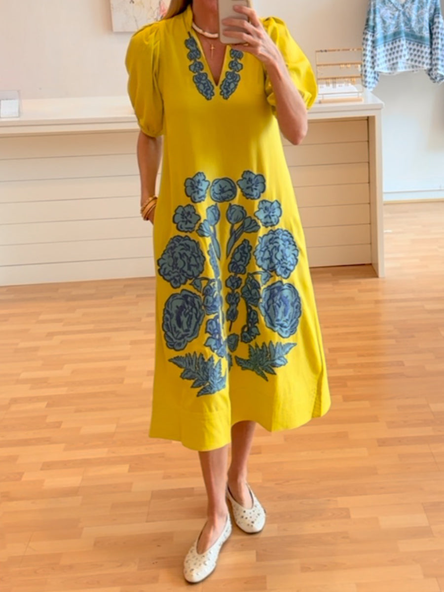 Printed V Neck Puff Sleeve Dress