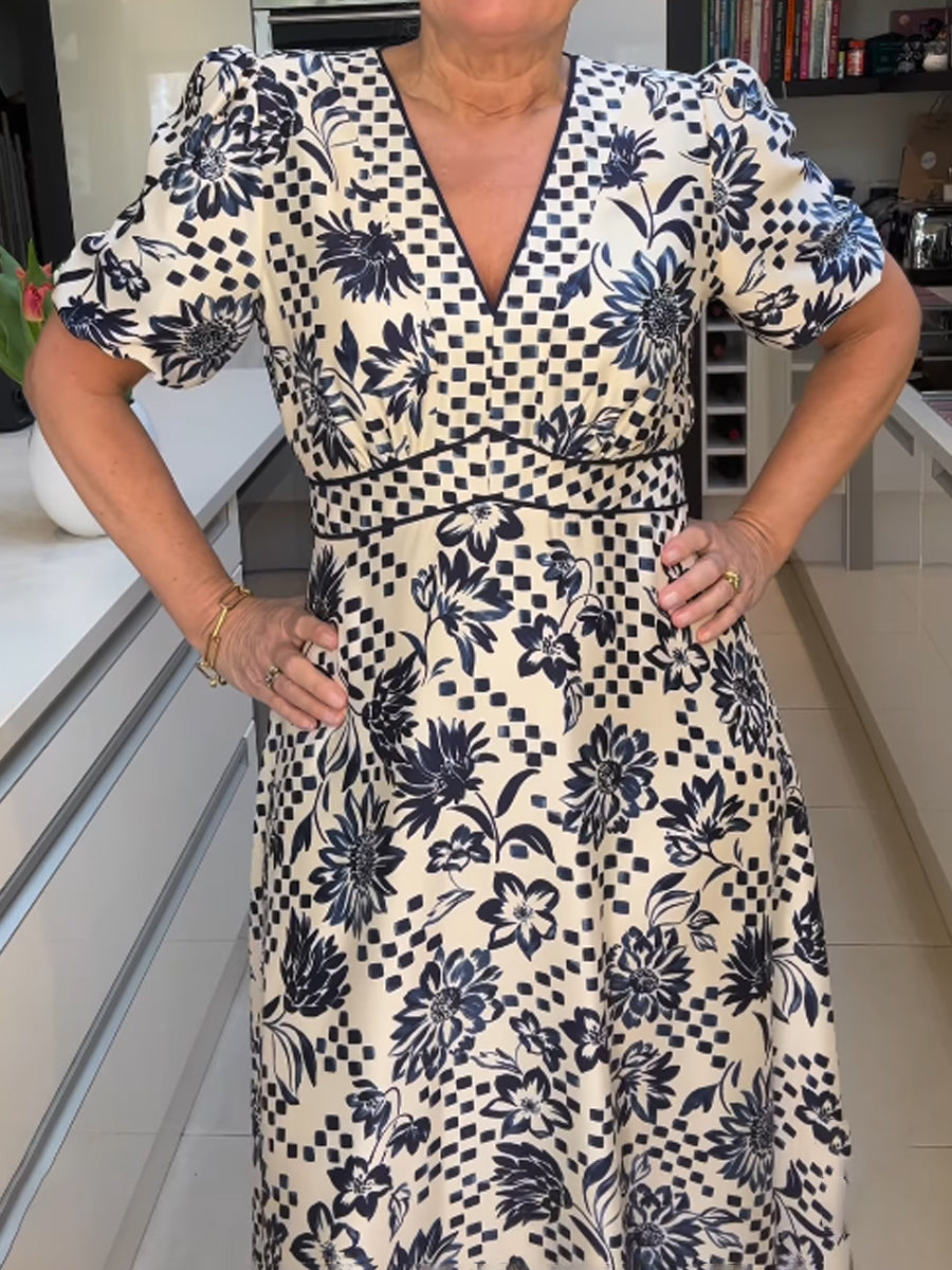 Printed V Neck Short Sleeve Dress