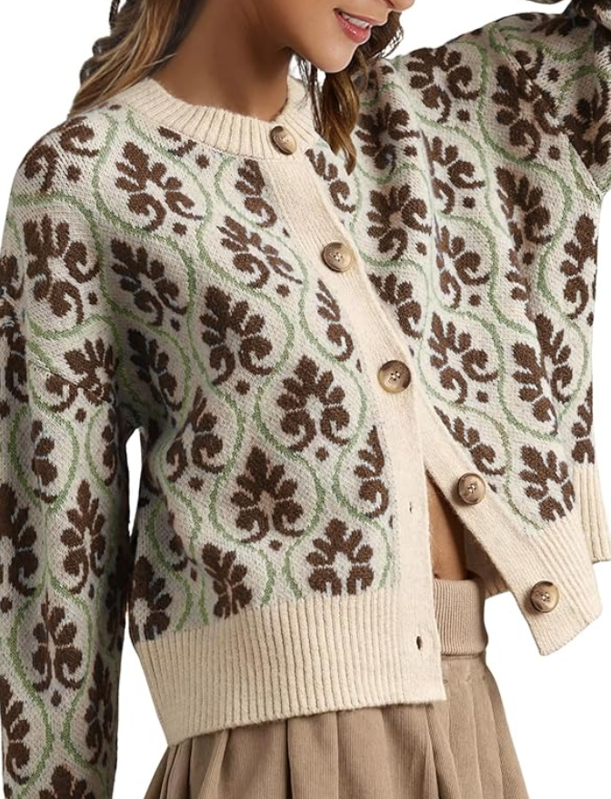 Women Floral Cardigan Sweater Open Front Long Sleeve Button Down Knit Sweater Vintage Outerwear