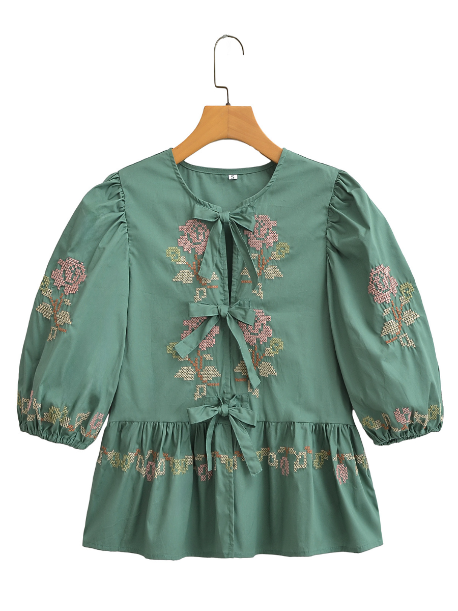 Embroidered Lace-Up Shirt