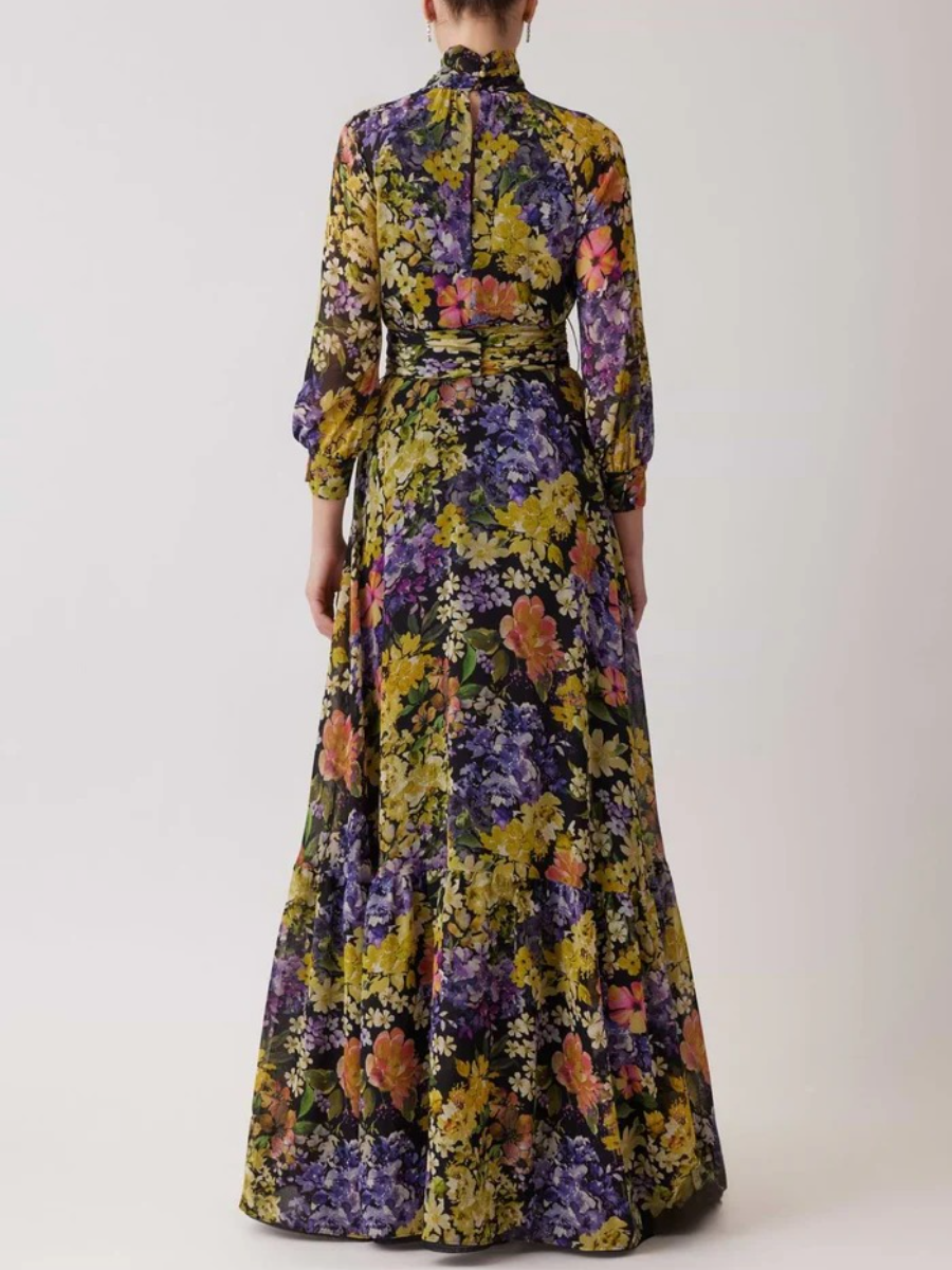 Chiffon Floral Print Tie Neck Gown