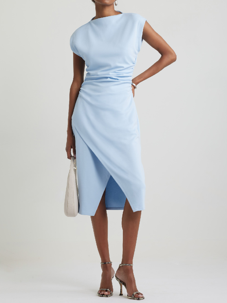 Ruched Funnel Neck Midi Dress