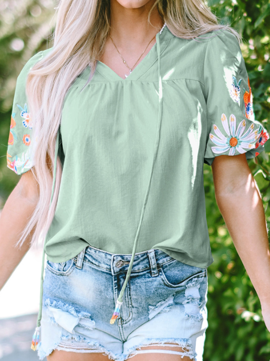 Adorable Embroidered Lantern Sleeve Top