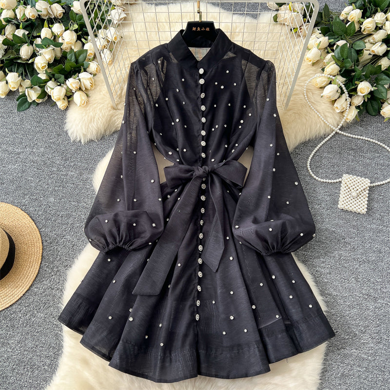 Rhinestone Lantern Sleeve Single-breasted Dress
