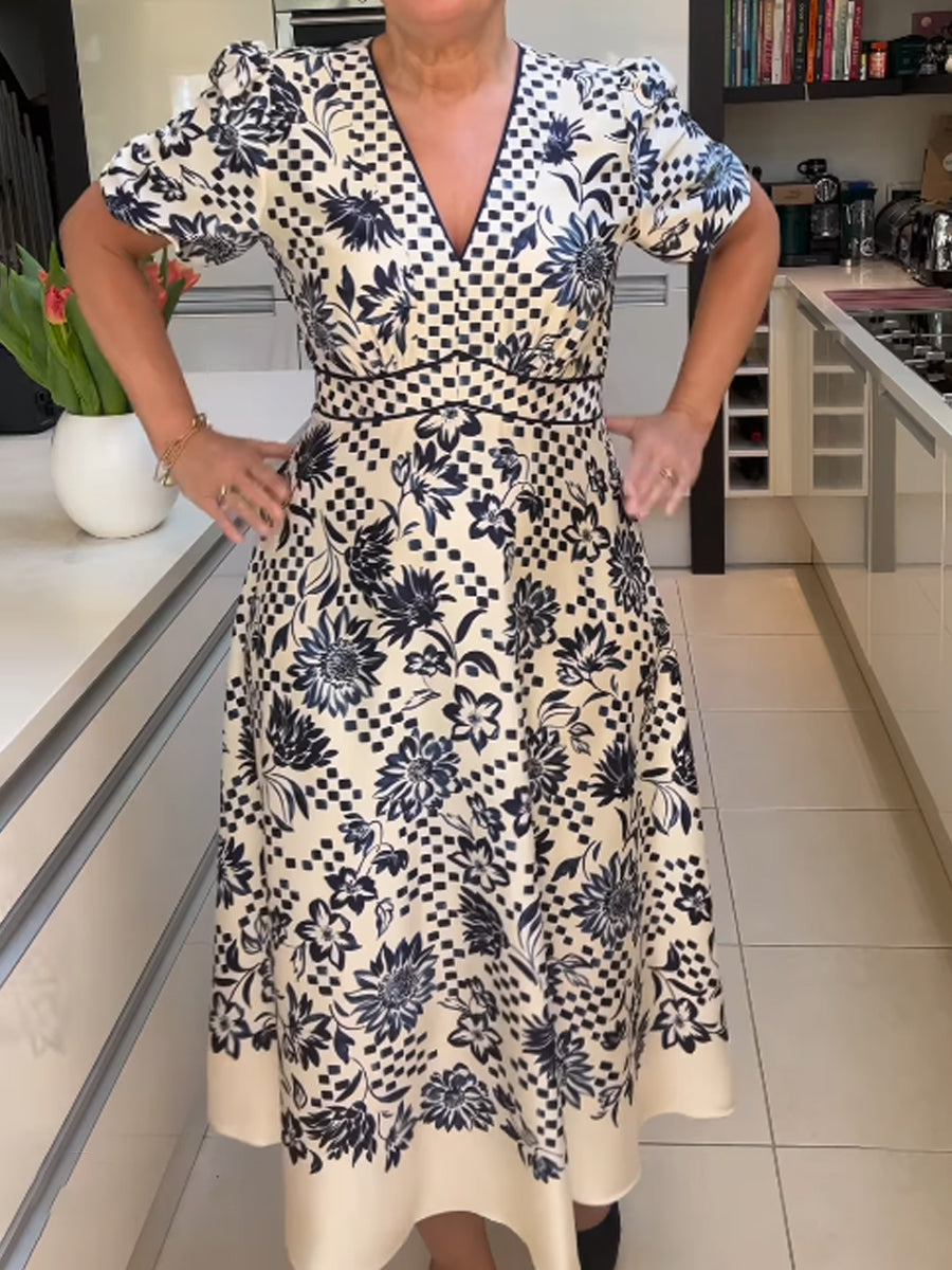 Printed V Neck Short Sleeve Dress