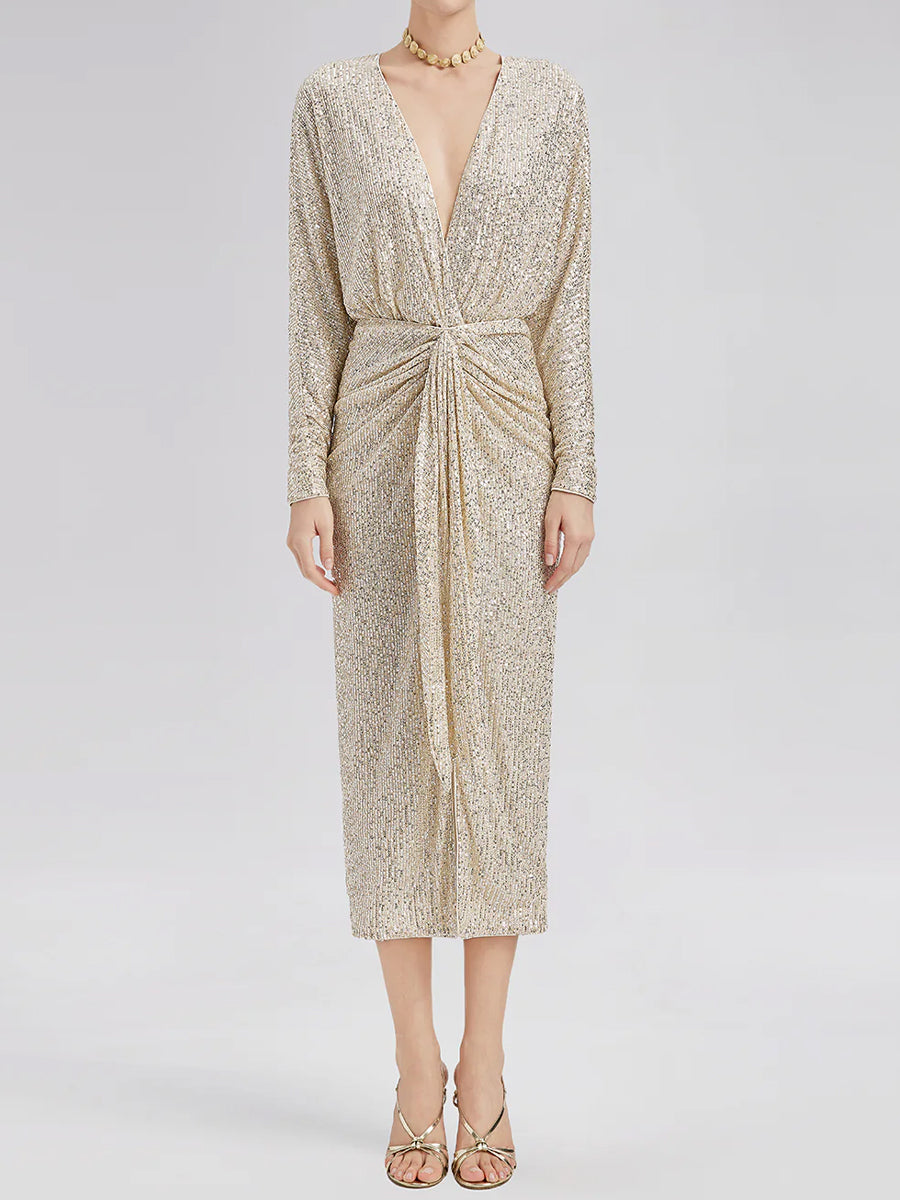 Elegant V Neck High Slit Sequin Dress