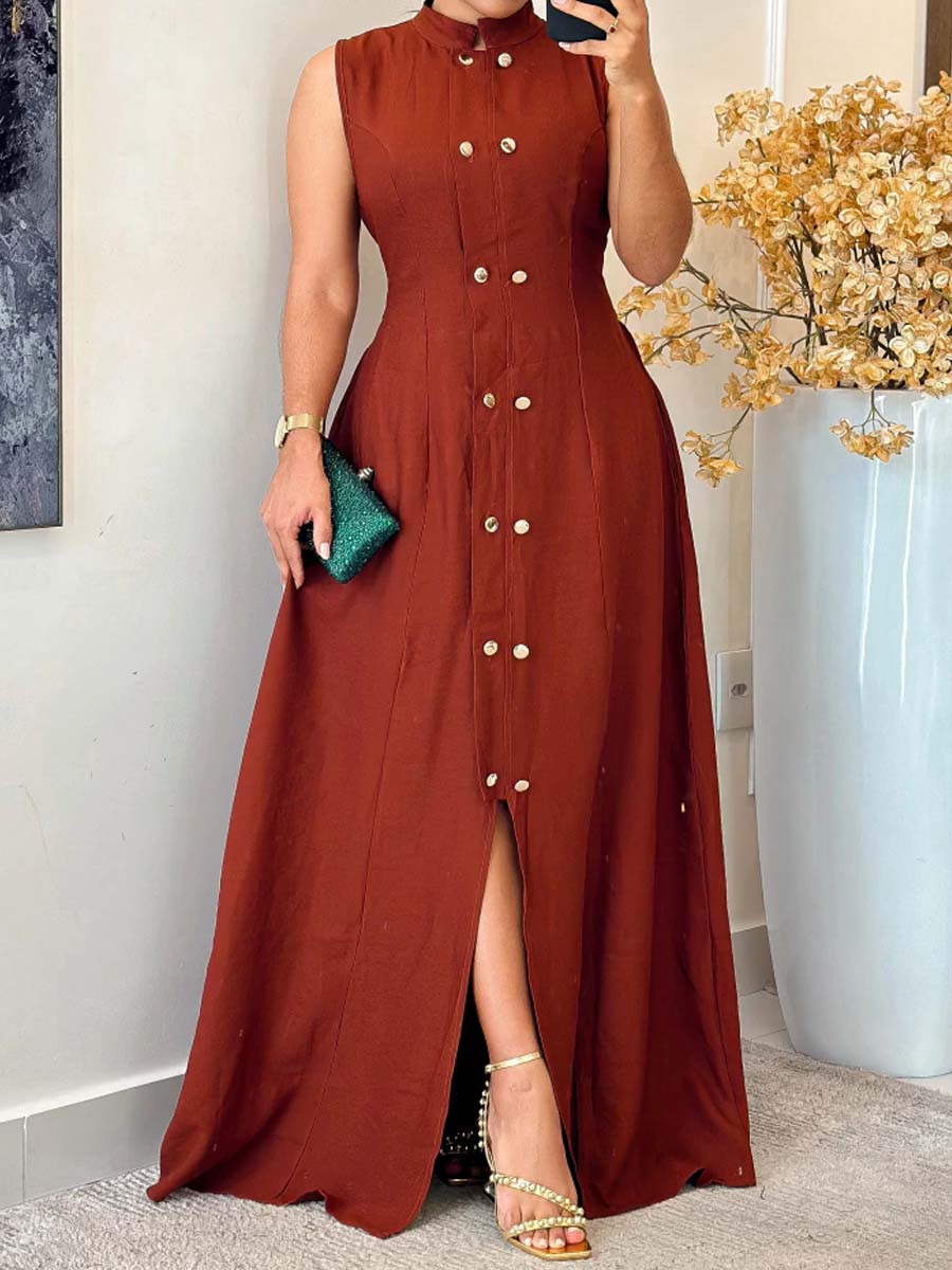 Button Up Sleeveless Elastic Waist Dress