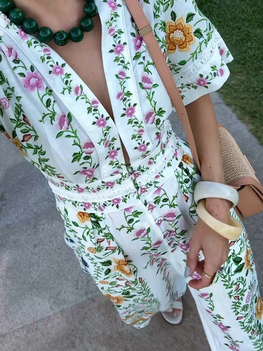 Deep V Neck Floral Print Jumpsuit