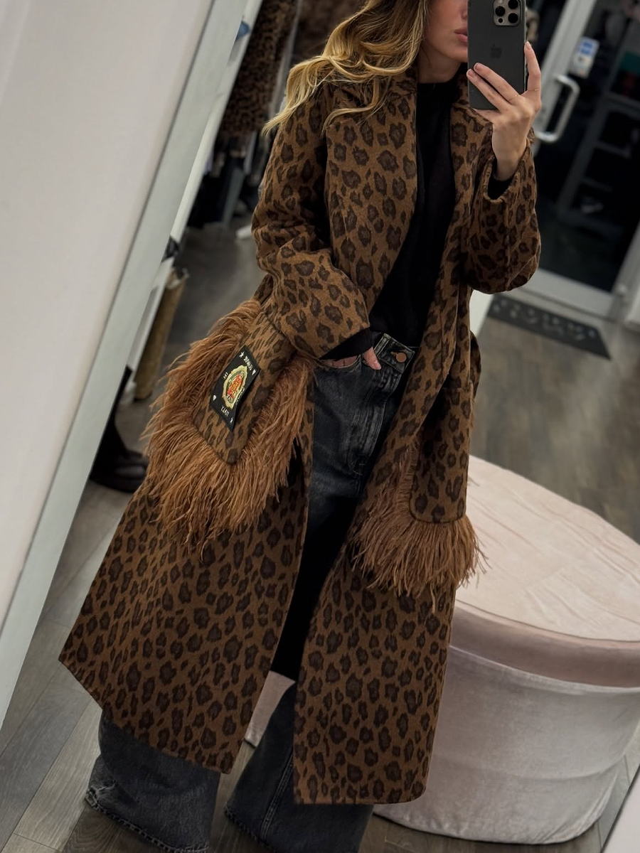 Leopard-Print Wool Fringed Coat