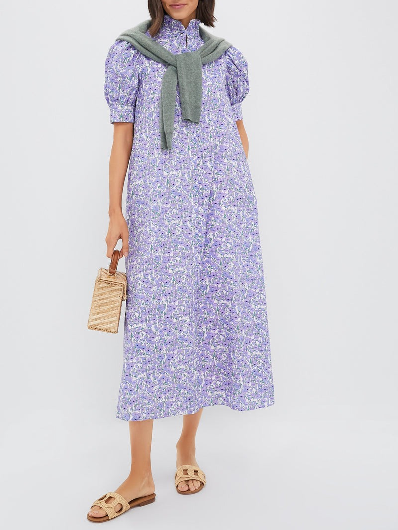 Purple Poppies Ruffle Collar Cotton Dress