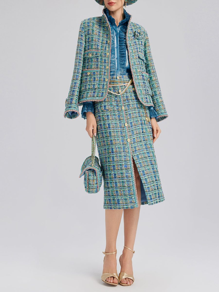 Blue Tweed Fabric Skirt Set